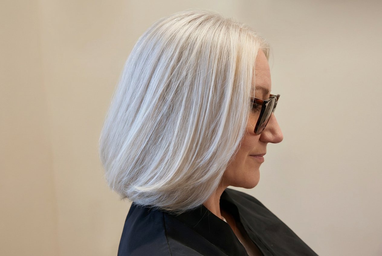 Finished icy silver bob with softly blended grey